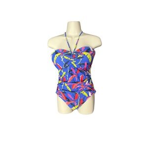 Tommy Hilfiger Womens Tropical Leaf Print One Piece Swimsuit Blue Size 6 Ruched